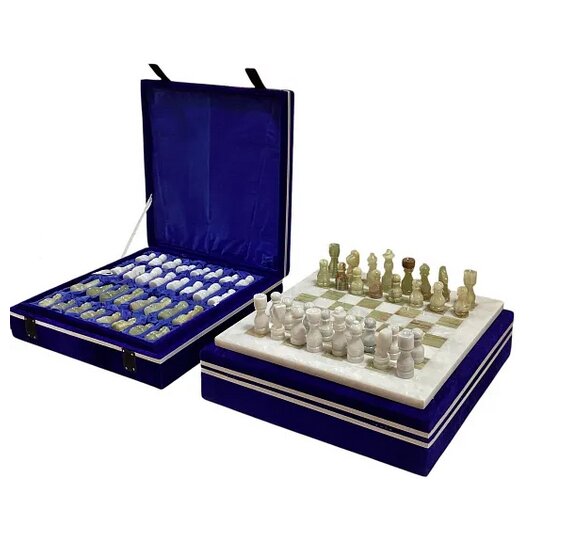 Joc de sah de lux din onix natural (38x38 cm) - Piese Sculptate Manual. Cad